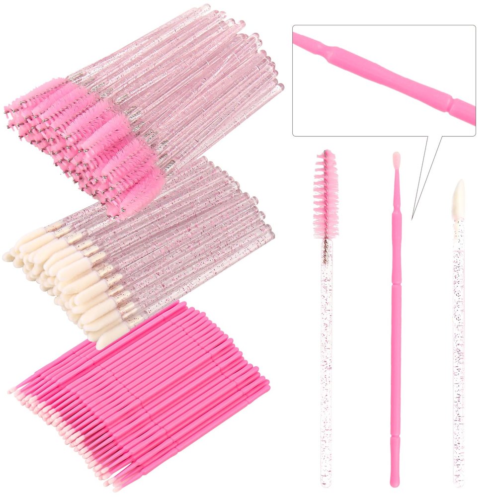 300 Pack Disposable Spoolies Brushes Sets Mascara Wand Lip Brushes Bamboo pole-shaped Handle Cotton Swab for Eyebrow Eyelash Extension Tattoo Lipstick Applicator(Pink)