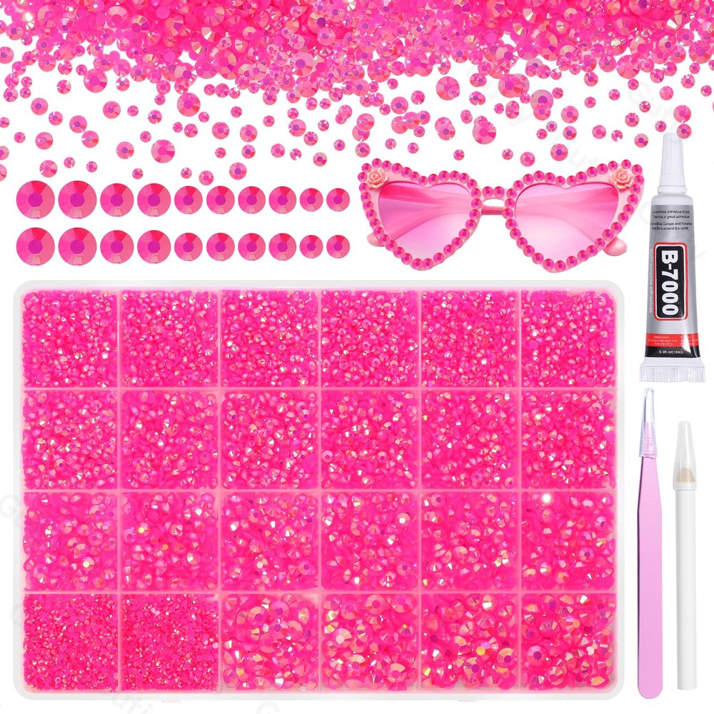 21000Pcs Hot Pink Rhinestones for Bedazzling Kit, Mix Sizes Jelly Bedazzling Resin Gems, Gems Bedazzling for Crafting, Flatback Resin Rhinestones for Craft DIY Face Makeup