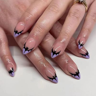 24PCS Halloween French Tip Press on Nails Purple Bat Almond Shape Fake Nails Glue on Nails Full Cover Acrylic Nails for Women Holiday Glossy Manicure