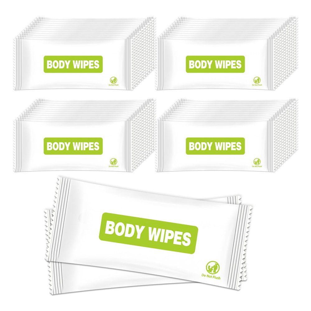 Body Wipes Individually Wrapped, 200 Pack Large Adult Bathing Wipes, No Rinse, Aloe Vera Extract, Odor Removal, for Fitness, Travel and Camping