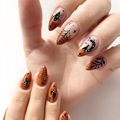 24Pcs Halloween Brown French Tip Press on Nails Spider Medium Almond Fake Nails Moon Leaves Spider Web Reusable Full Cover Acrylic Nails for Women Halloween Manicure Supplies