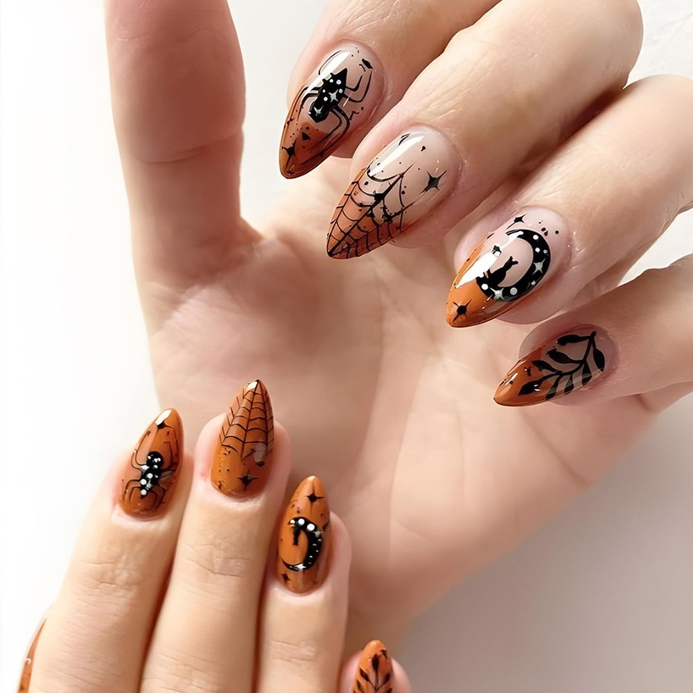 24Pcs Halloween Brown French Tip Press on Nails Spider Medium Almond Fake Nails Moon Leaves Spider Web Reusable Full Cover Acrylic Nails for Women Halloween Manicure Supplies