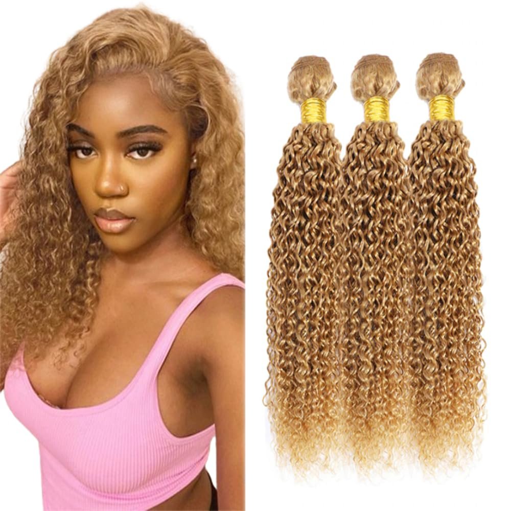 Color 27 Bundles Human Hair Honey Blonde Curly Human Hair Bundles Brazilian Grade 8A Remy Blonde Wet and Wavy Bundle Human Hair Extensions for Black Women (26 28 30 Inch)