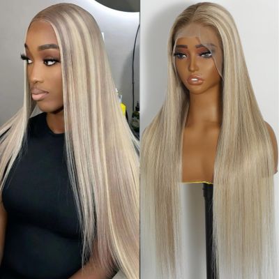 ORIGEN Blonde Highlighted Brown Lace Front Human Hair Wigs with Baby Hair for Black Women Pre Plucked Straight Colored 13x6 Lace Frontal Glueless Wig 32 Inch 180% Density