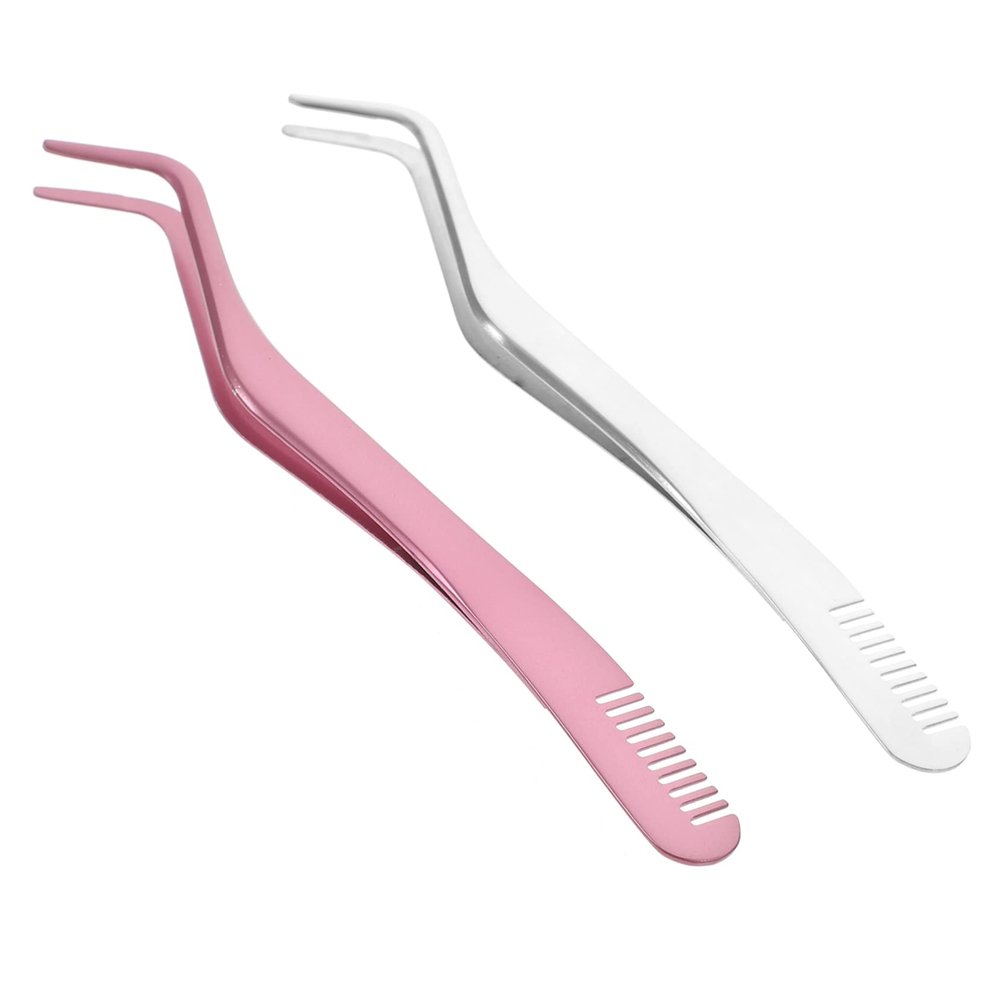 BUTIFULSIC 2pcs Stainless Steel Eyelash Tweezers with Comb Convenient False Eyelash Applicator for Women Durable Small Beauty Tool for Precision Lash Extension and Removal Pink and Silver