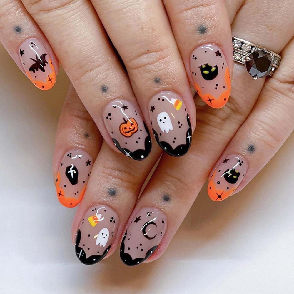 24Pcs Halloween Press on Nails Short Almond Cute Ghost Bat Fake Nails with Glue Black Moon Glue on Nails Glossy Acrylic Nails for Women Orange Black Halloween French Nail Art Supplies