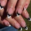 24Pcs Halloween French Tip Press on Nails Black White Almond Shaped Fake Nails Bat Glue on Nails Full Cover Acrylic Nails for Women Holiday Glossy Manicure Decoration view 1