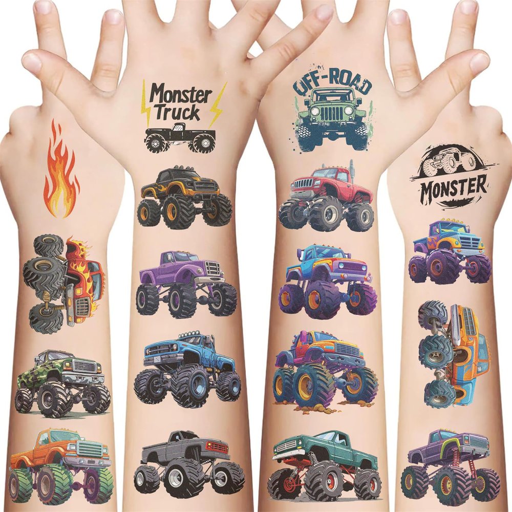 10 Sheets Monster Truck Temporary Tattoos for Teens - Race Car Themed Fake Tattoo Stickers, Birthday Party Favors & Decorations (Monster)