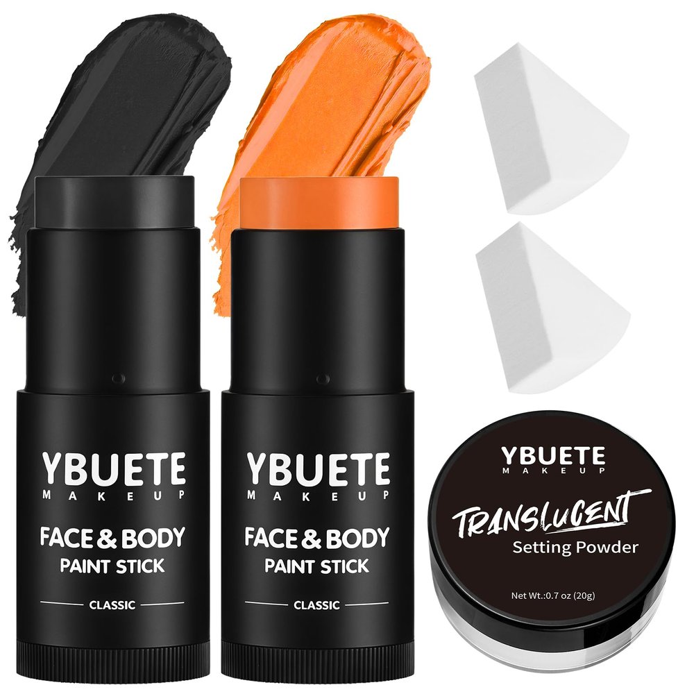 YBUETE Black Orange Face Body Paint Stick Set with Translucent Setting Powder and Sponges, Professional Full Coverage Face Painting for Adults Halloween Cosplay SFX Tiger Pumpkin Clown Makeup