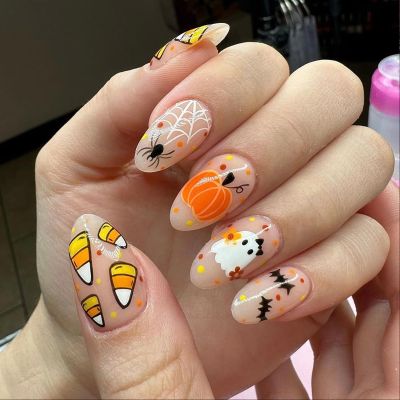 24Pcs Halloween Press on Nails Medium Almond Cute Pumpkin Ghost Fake Nails With Glue White Spider Web Glossy Full Cover Acrylic Nails Reusable for Women Halloween Cute Nail Art Supplies