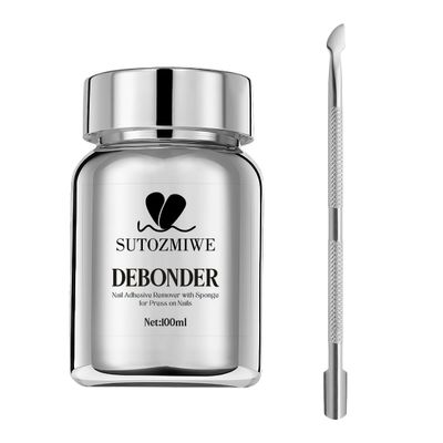 SUTOZMIWE Nail Glue Remover, 100ML Press on Nails Adhesive Remover with Sponge, Acrylic Nail Remover & Stainless Steel Cuticle Pusher, Gentle Fast Removal for Glue on Nail Tips