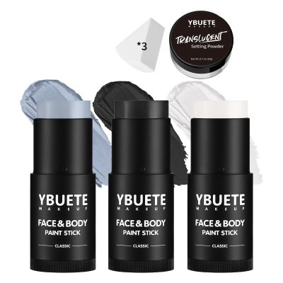 YBUETE Black White Grey Face Body Paint Stick Set with Translucent Setting Powder and 3 Sponges, Professional Full Coverage Face Painting for Adults Halloween Cosplay SFX Skeleton Monster Makeup