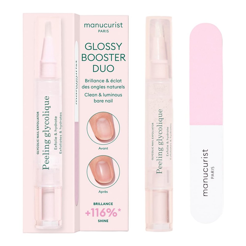 Manucurist Glossy Booster Duo  Nail Care Kit with Glycolic Exfoliating Peel & Nail Buffer Block  Natural Shiny Nails Without Polish  Instant Shine  Manicure Kit for Women