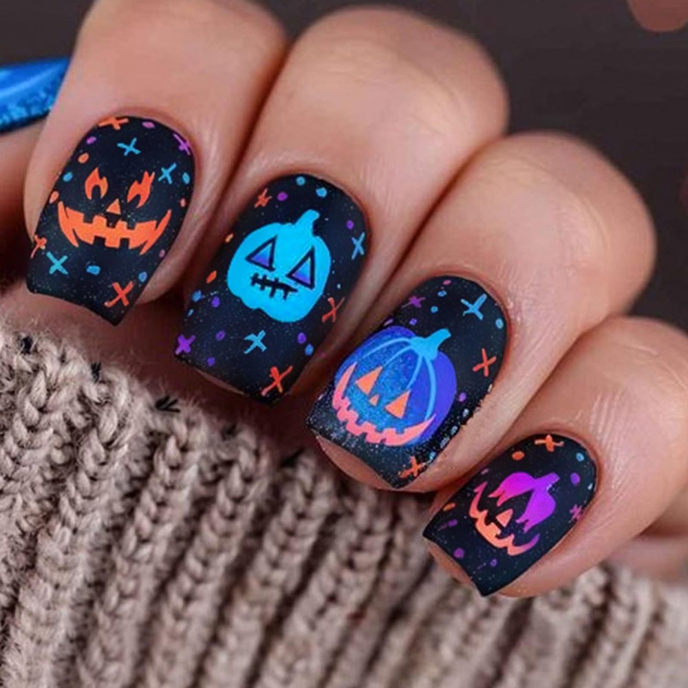 24Pcs Halloween Press on Nails Short Square Blue Orange Pumpkin Fake Nails with Design Black Full Cover Acrylic Nails for Women Holiday Matte Manicure Decoration