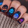 24Pcs Halloween Press on Nails Short Square Blue Orange Pumpkin Fake Nails with Design Black Full Cover Acrylic Nails for Women Holiday Matte Manicure Decoration view 1