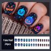 24Pcs Halloween Press on Nails Short Square Blue Orange Pumpkin Fake Nails with Design Black Full Cover Acrylic Nails for Women Holiday Matte Manicure Decoration view 2