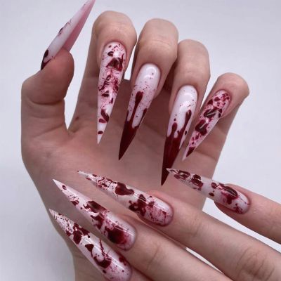 24Pcs Halloween Press on Nails Horror Blood Extra Long Fake Nail Tips Red White Full Cover Acrylic Nails Reusable for Women Holiday Manicure Decoration Supplies