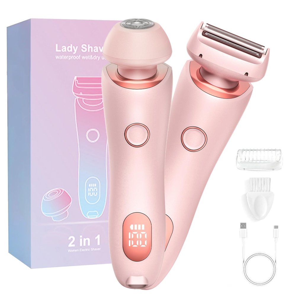 Electric Shaver for Women, 2 in 1 Wet & Dry Waterproof Hair Removal with 2 Removable Heads, Rechargeable Cordless Silk Glide Pro Shaver for Leg Arm Underarm Bikini Area, IPX7 Waterproof, Pink