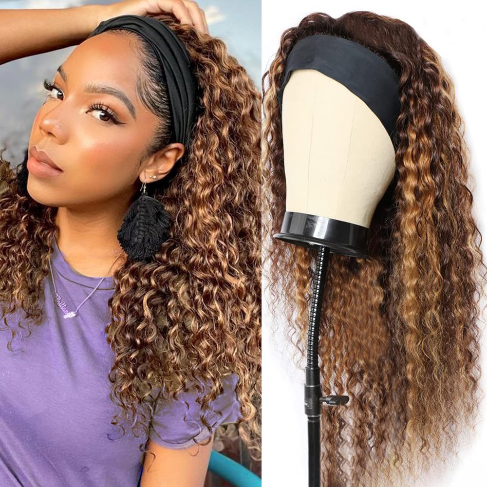 12Inch Highlight Ombre Headband Wig Human Hair Deep Wave Human Hair Wigs for Black Women #4/27 Honey Blonde Glueless Machine Made Brazilian Virgin Deep Wave Half Wig Human Hair