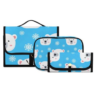 WELLDAY Cute Polar Bear Travel Toiletry Bag Cosmetic Make up Brush Cases Hanging Water-resistant Accessories Organizer for Women 3PCS