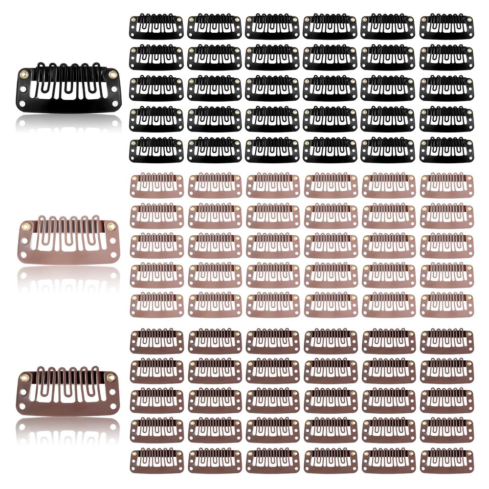 120 Pcs 6-Teeth U-Shape Wig Clips Hairpieces Snap Clips Hair Extension Hairclips for 32mm Clip-ins Brown Black Making Accessories Set Tools Women