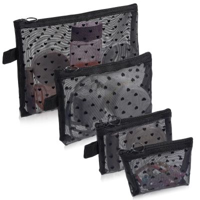 4 PCS Heart Printed Mesh Purse Organizer Pouches, Portable Travel Mesh Makeup Bag Set Zipper Cosmetic Bags Small Toiletry Bag with Zipper Black Makeup Purse Bags for Home Offices Travel Accessories