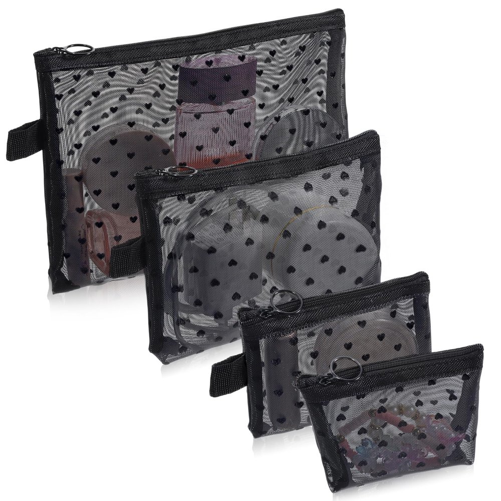 4 PCS Heart Printed Mesh Purse Organizer Pouches, Portable Travel Mesh Makeup Bag Set Zipper Cosmetic Bags Small Toiletry Bag with Zipper Black Makeup Purse Bags for Home Offices Travel Accessories