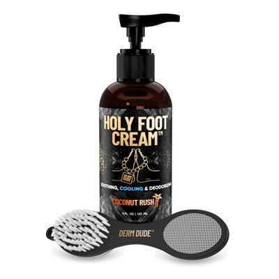 Derm Dude Total Foot Repair Bundle | 4-in-1 Foot Scrubber Tool & Coconut Rush Scent Holy Foot Cream, 4oz | Callus Remover, Heel Repair, Moisturizer for Dry Cracked Feet | Includes Metal File, Pumice,