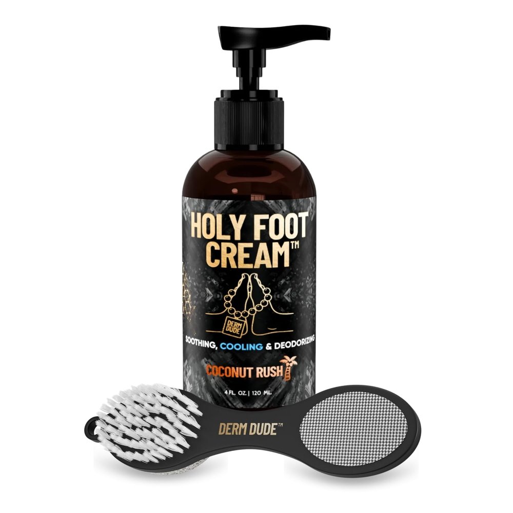 Derm Dude Total Foot Repair Bundle | 4-in-1 Foot Scrubber Tool & Coconut Rush Scent Holy Foot Cream, 4oz | Callus Remover, Heel Repair, Moisturizer for Dry Cracked Feet | Includes Metal File, Pumice,