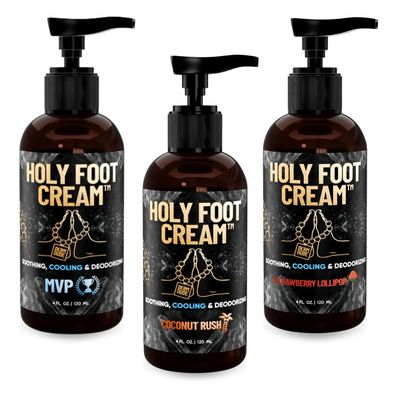 Derm Dude Holy Foot Cream for Dry Cracked Heels and Feet, 4oz (3-Pack) | MVP, Strawberry Lollipop & Coconut Rush Scents | Moisturizing Lotion with All-Natural DeoPlex for Odor Control & Arrowroot for