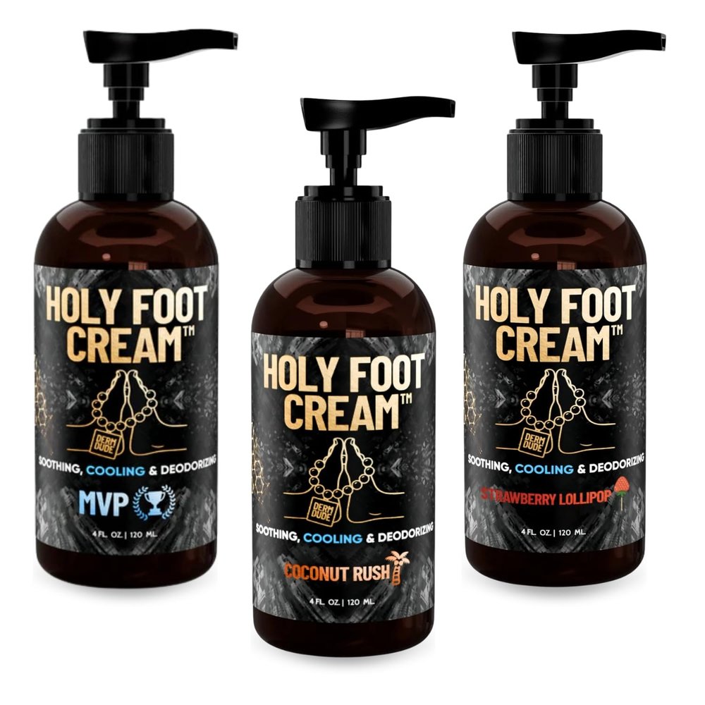Derm Dude Holy Foot Cream for Dry Cracked Heels and Feet, 4oz (3-Pack) | MVP, Strawberry Lollipop & Coconut Rush Scents | Moisturizing Lotion with All-Natural DeoPlex for Odor Control & Arrowroot for