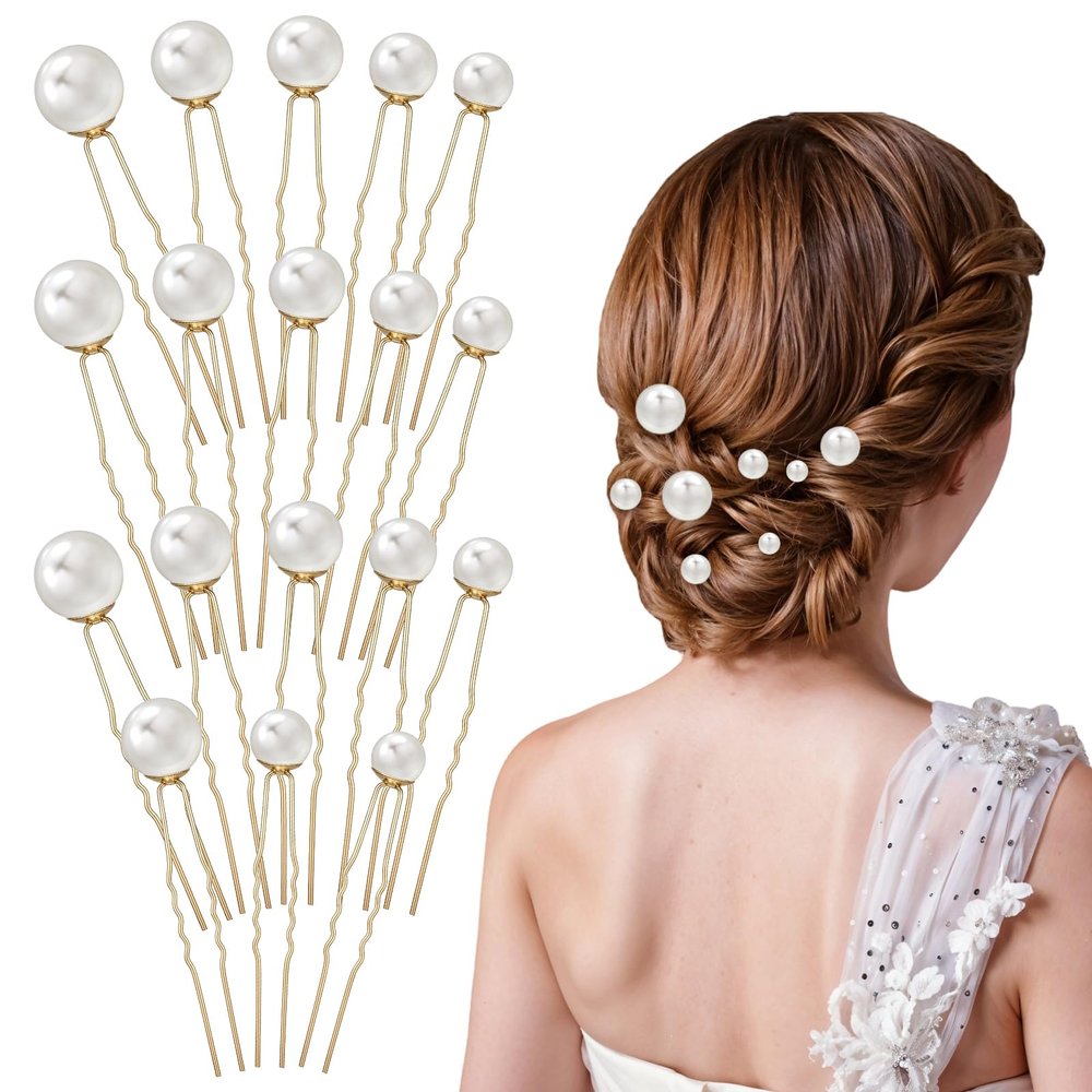 18Pcs Pearl Hair Pins Wedding Hair Accessories Different Size Hairs Clips U Shaped Pearl Bobby Pins for Brides Bridesmaids Women, Gold