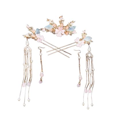 5 Pcs Flower Tassels Hairpin, Chinese Hair Pins Flower Pins for Hair, Chinese Hanfu Hairpin Rhinestone Pearl Clips Headpiece, Retro Hanfu Wedding Brides Updo Long Hair Accessories (Four Jade Leaves)