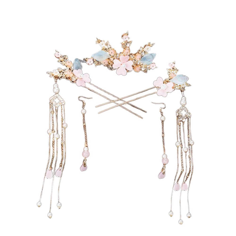 5 Pcs Flower Tassels Hairpin, Chinese Hair Pins Flower Pins for Hair, Chinese Hanfu Hairpin Rhinestone Pearl Clips Headpiece, Retro Hanfu Wedding Brides Updo Long Hair Accessories (Four Jade Leaves)
