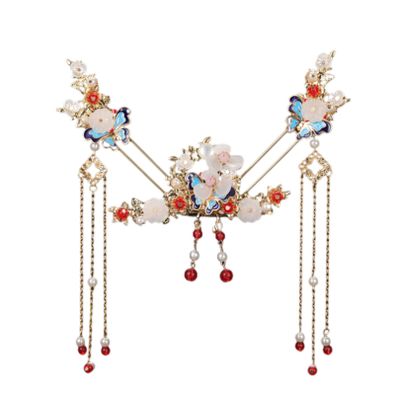 5 Pcs Flower Tassels Hairpin, Chinese Hair Pins Flower Pins for Hair, Chinese Hanfu Hairpin Rhinestone Pearl Clips Headpiece, Retro Hanfu Wedding Brides Updo Long Hair Accessories (Jingtai Blue)