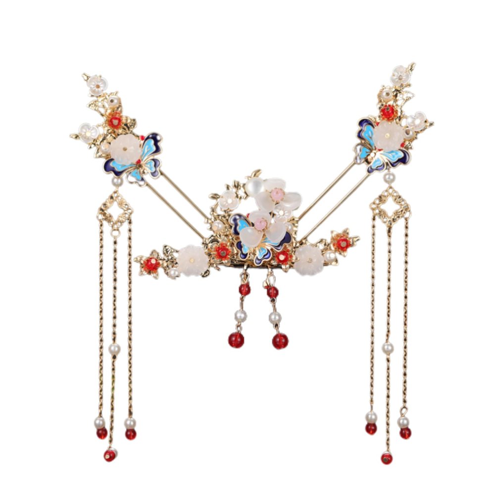 5 Pcs Flower Tassels Hairpin, Chinese Hair Pins Flower Pins for Hair, Chinese Hanfu Hairpin Rhinestone Pearl Clips Headpiece, Retro Hanfu Wedding Brides Updo Long Hair Accessories (Jingtai Blue)
