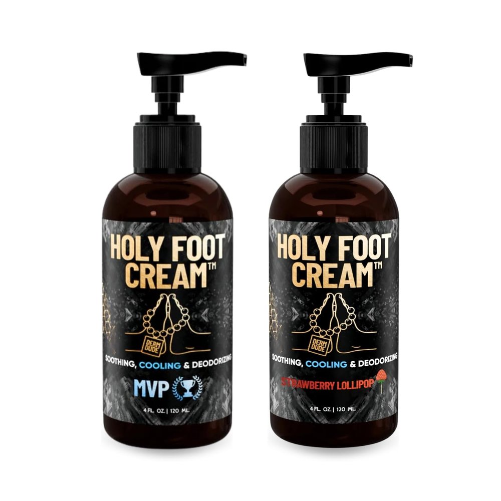Derm Dude Holy Foot Cream, 4oz (2-Pack) | MVP & Strawberry Lollipop Scents | Moisturizing Foot Lotion with DeoPlex for Freshness & Arrowroot for Hydration