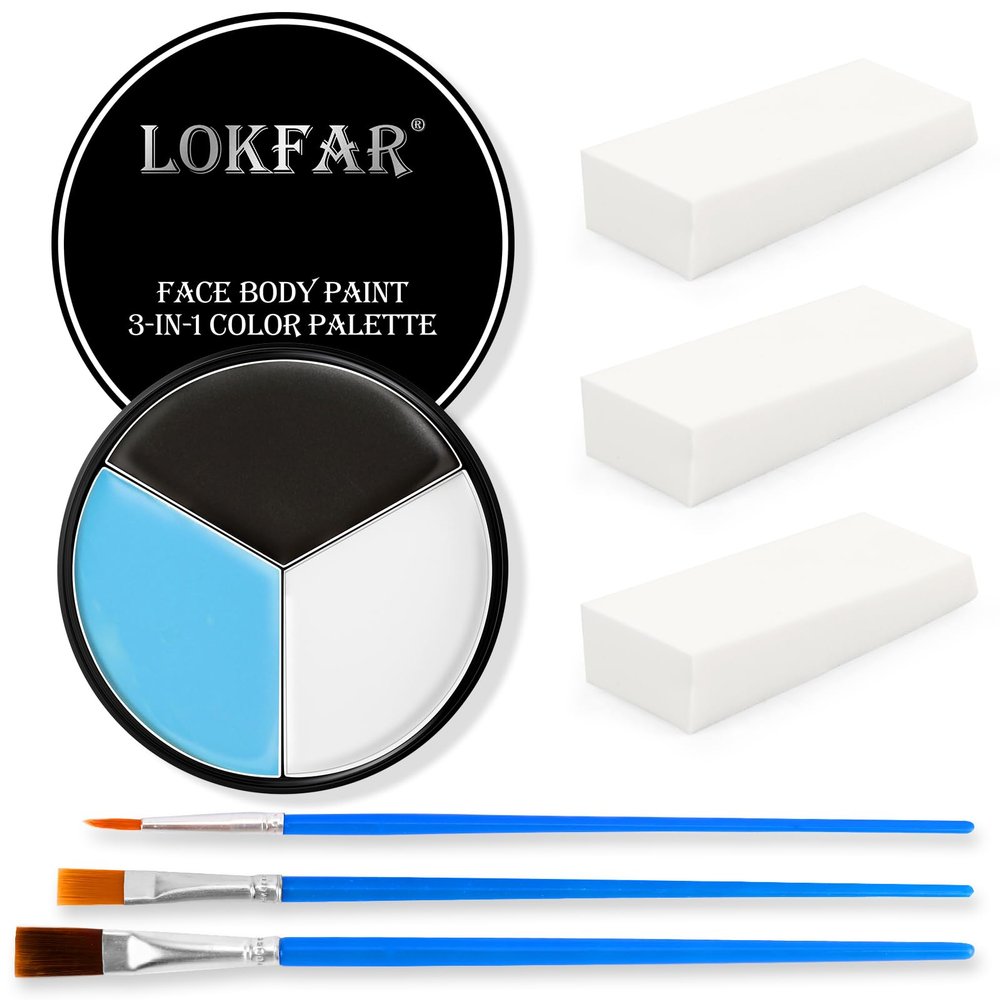 Black White Light Blue Face & Body Paint - Blendable Facepaint Foundation with Sponge & Brush for Skin, Professional Halloween Face Make-up Kit for Sally Face Avatar Smurf Corpse Bride Pale Costume