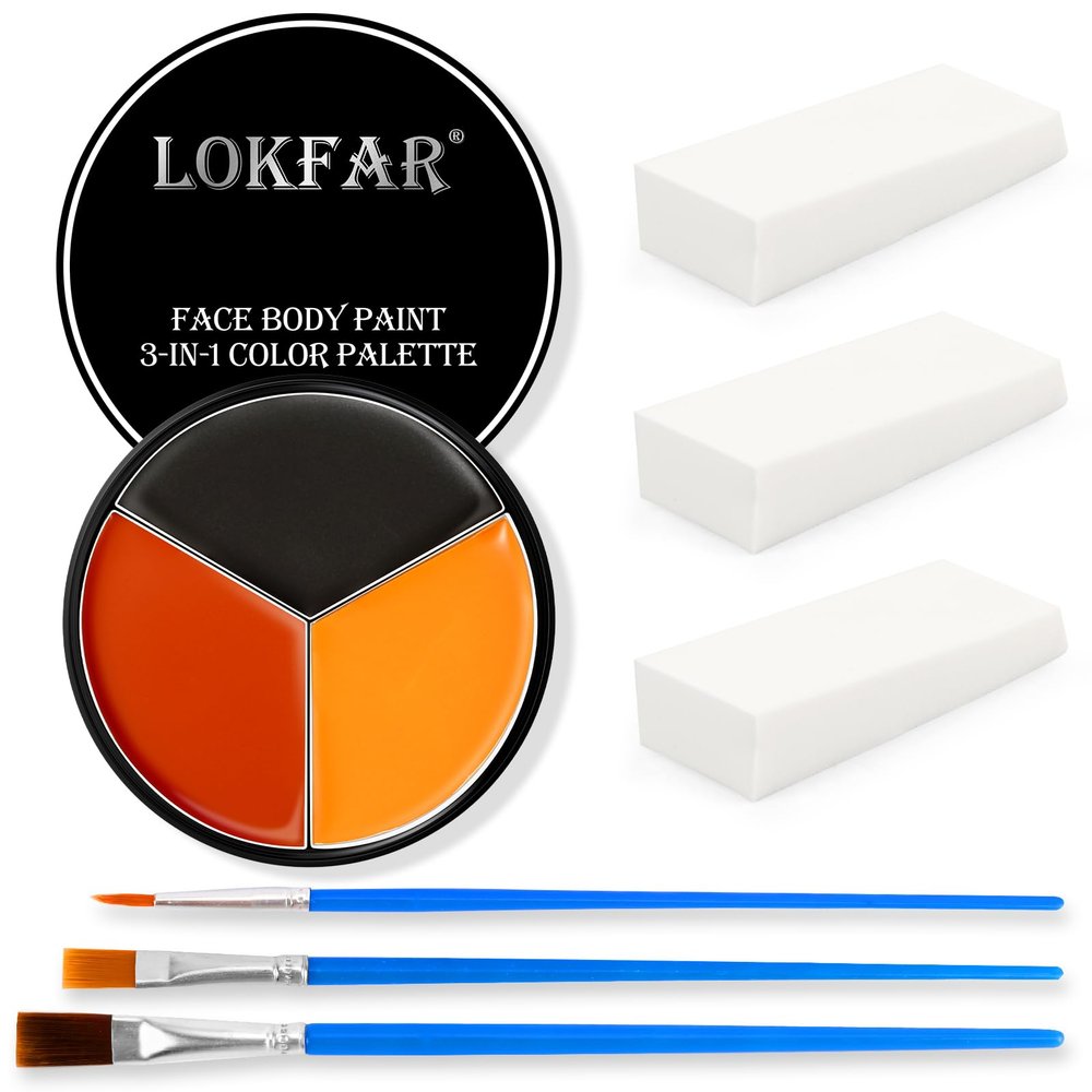 Black Red Orange Face & Body Paint - Blendable Facepaint Foundation with Sponge & Brush for Skin, Professional Halloween Face Make-up Kit for Scarecrow Tiger Devil Pumpkin Fox Lion Costume