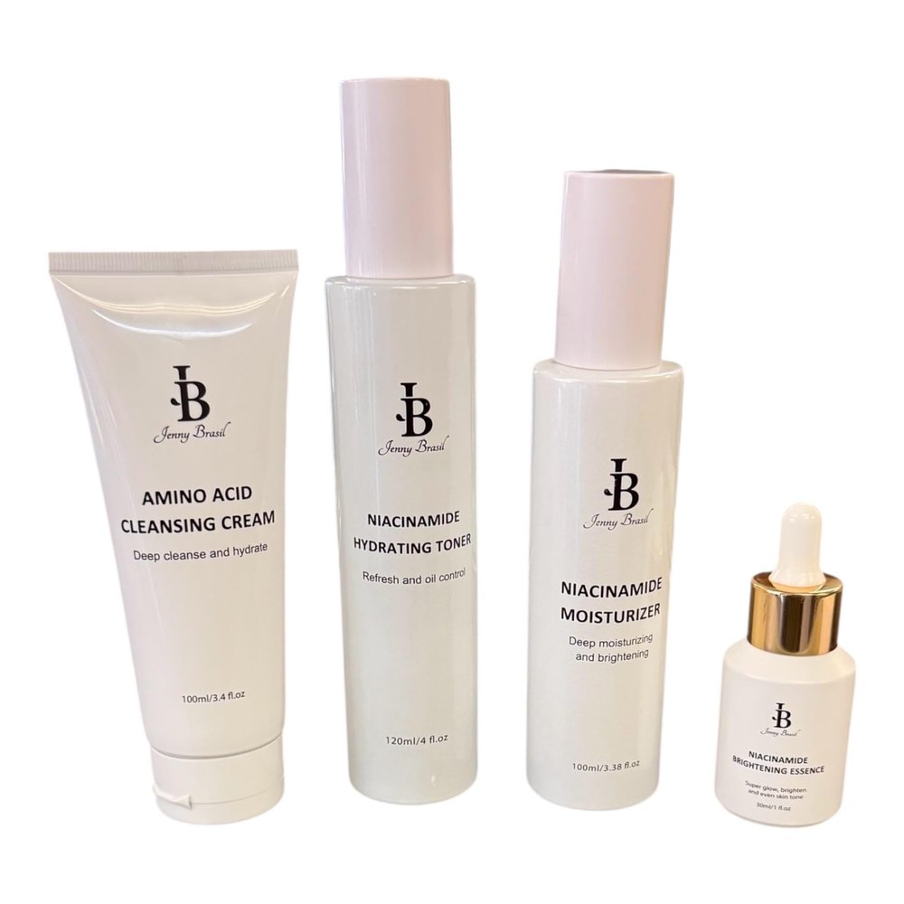 Jenny Brasil Niacinamide Skincare Set, 4-Piece with Cleansing Cream, Hydrating Toner, Moisturizer, and Brightening Essence
