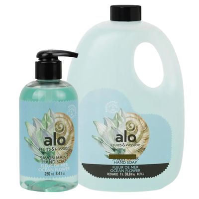 ALO FRUITS & PASSION Ocean Flower Hand Soap Set, 8.4 fl oz Bottle and 33.8 fl oz Refill, Made in Canada