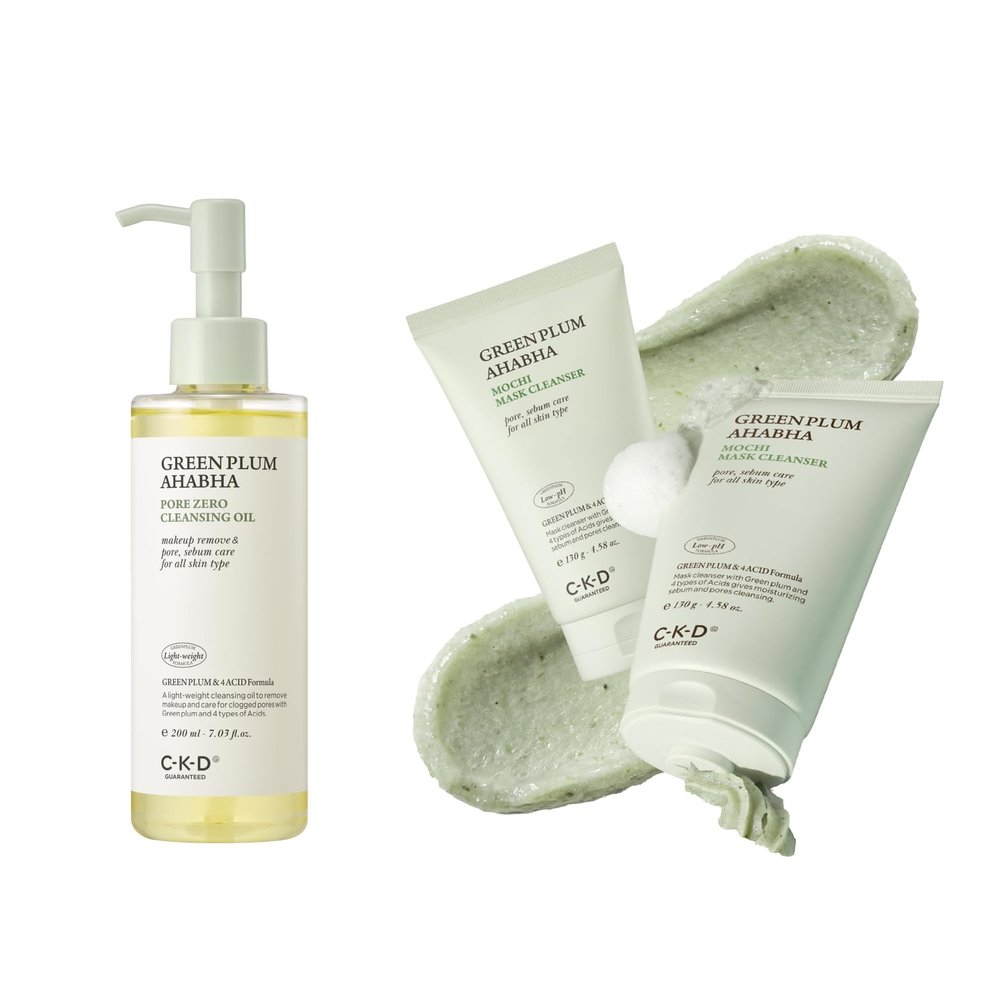 CKD Green Plum AHABHA Korean Skincare Duo  Pore Zero Cleansing Oil (7.03 fl oz) & Mochi Face Mask Foam Cleanser (4.58 oz)  Deep Pore Cleanse, Makeup Removal, Blackhead Control, Hydrating & Gentle