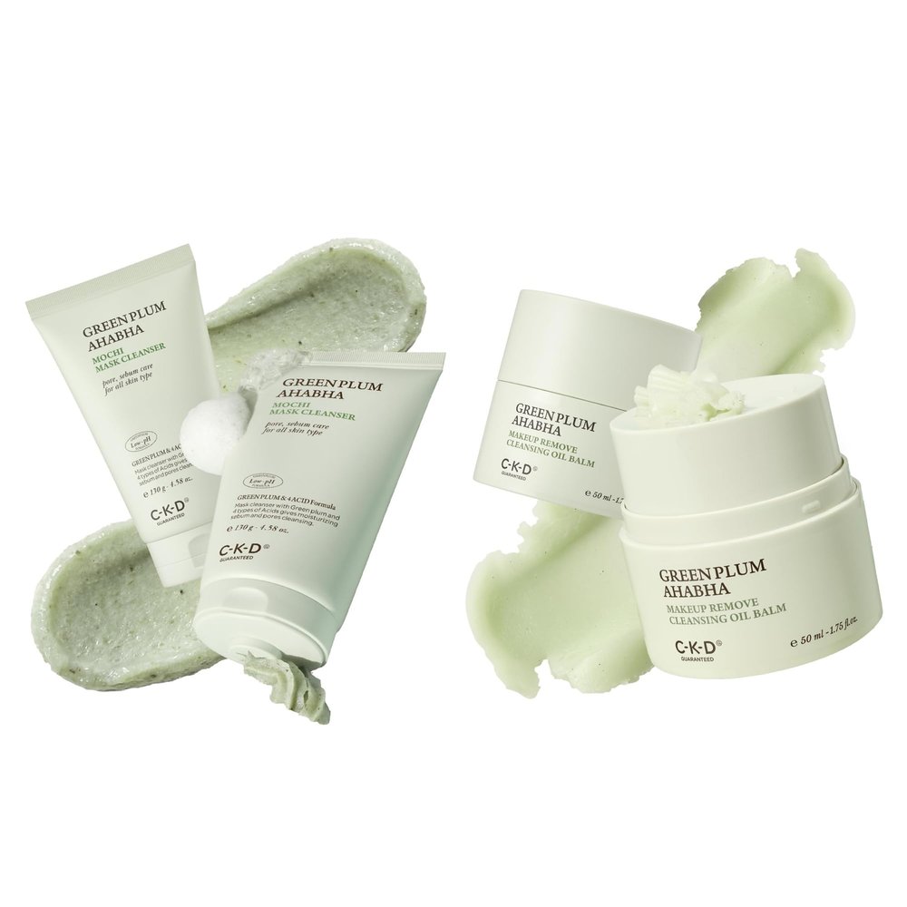 CKD Green Plum AHABHA Cleansing Set  Mochi Face Mask Foam Cleanser (4.58 oz) + Grinding Cleansing Oil Balm (1.75 oz)  Dual-Action Blackhead Removal Sebum Control & Deep Pore Cleanse Korean Skincare