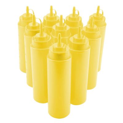10 - Pack 720ml Plastic Condiment Bottle Set | Narrow Nozzle for Oil/Vinegar/Cream | Leak - Proof Squeeze Containers with Detachable Lids | Safe PE Material (Yellow)