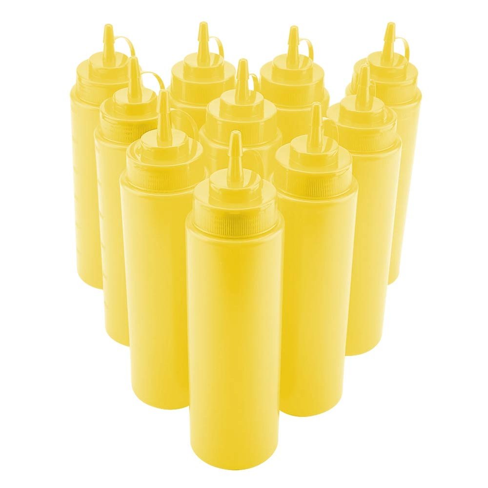 10 - Pack 720ml Plastic Condiment Bottle Set | Narrow Nozzle for Oil/Vinegar/Cream | Leak - Proof Squeeze Containers with Detachable Lids | Safe PE Material (Yellow)