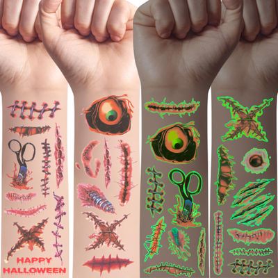 Glow In Dark Halloween Realistic Body Face Scar Temporary Tattoos | Luminous Halloween Decorations Fake Wounds Cut Party Favors Supplies Dcor Accessories Trick Or Treat Gift Idea For Kids Adult-60Pcs