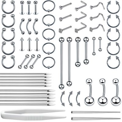 Body Septum Piercing Jewelry, 14G 16G Nose Tongue Lip Ear Eyebrow Belly Button Cartilage Tragus Industrial Barbell Helix Daith Body Jewelry with Piercing Needles (Silvery- 61 Piece Set)