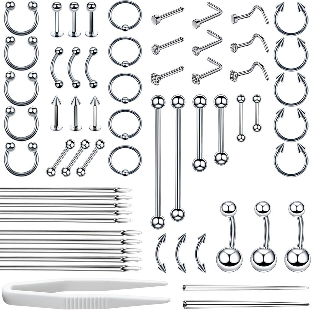 Body Septum Piercing Jewelry, 14G 16G Nose Tongue Lip Ear Eyebrow Belly Button Cartilage Tragus Industrial Barbell Helix Daith Body Jewelry with Piercing Needles (Silvery- 61 Piece Set)