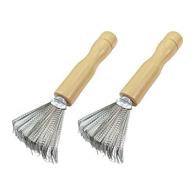 2Pcs Hair Brush Cleaner Tool with Ergonomic Wooden Handle and Metal Wire Rake for Pick Cleaning Detangling Combs Brushes