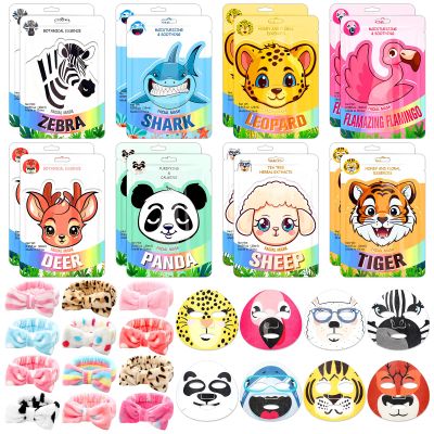 32 Pcs Animal Face Masks Skincare for Girls Women with Bow Makeup Headband Animal Character Spa Sheet Facial Mask for All Skin Types Christmas Stocking Stuffers Girls Night Birthday Party Gifts